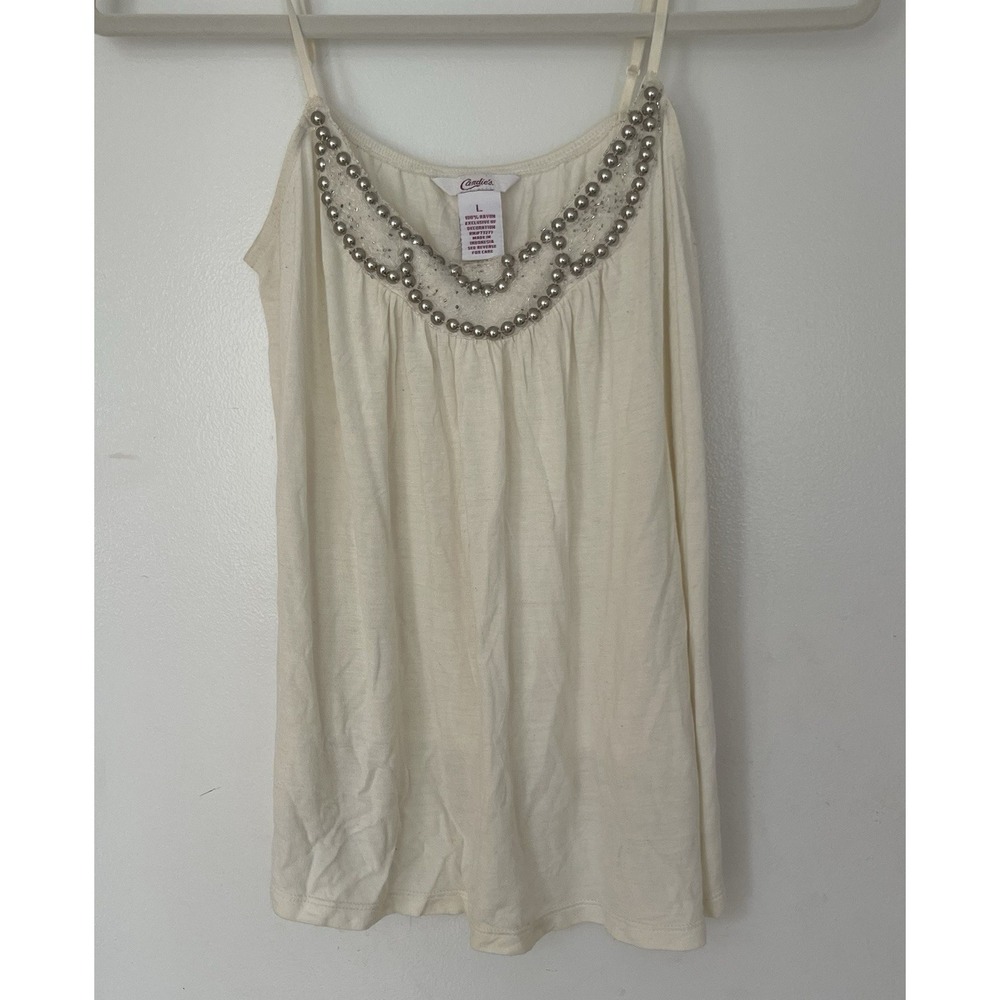 Candie's Tank Top Junior Size L Ivory Beaded Adjustable Straps Cream Off-White